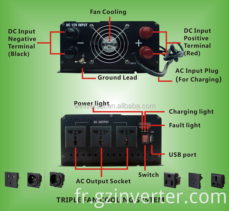 3000W Modifier l'onduleur d'alimentation Sine Wave 12VDC 220VAC avec chargeur de batterie créé par alliage en aluminium